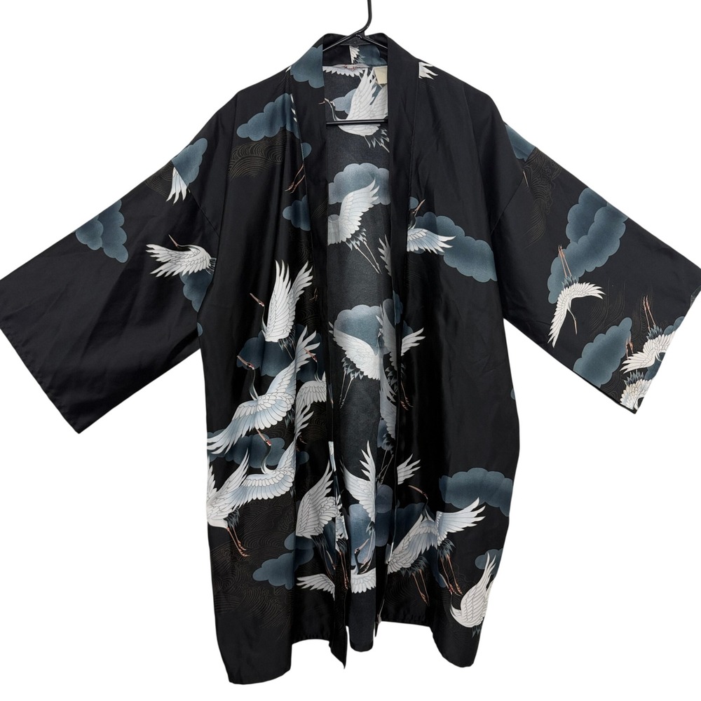 Marukyo Kimono Womens OS Black Crane Cloud Print Open Front Wide Sleeve Robe